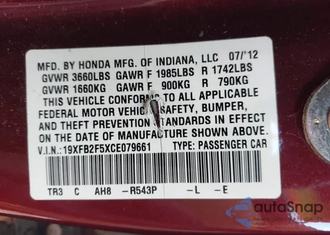2012 Honda Civic Lx from USA, damaged, VIN 19XFB2F5XCE079661